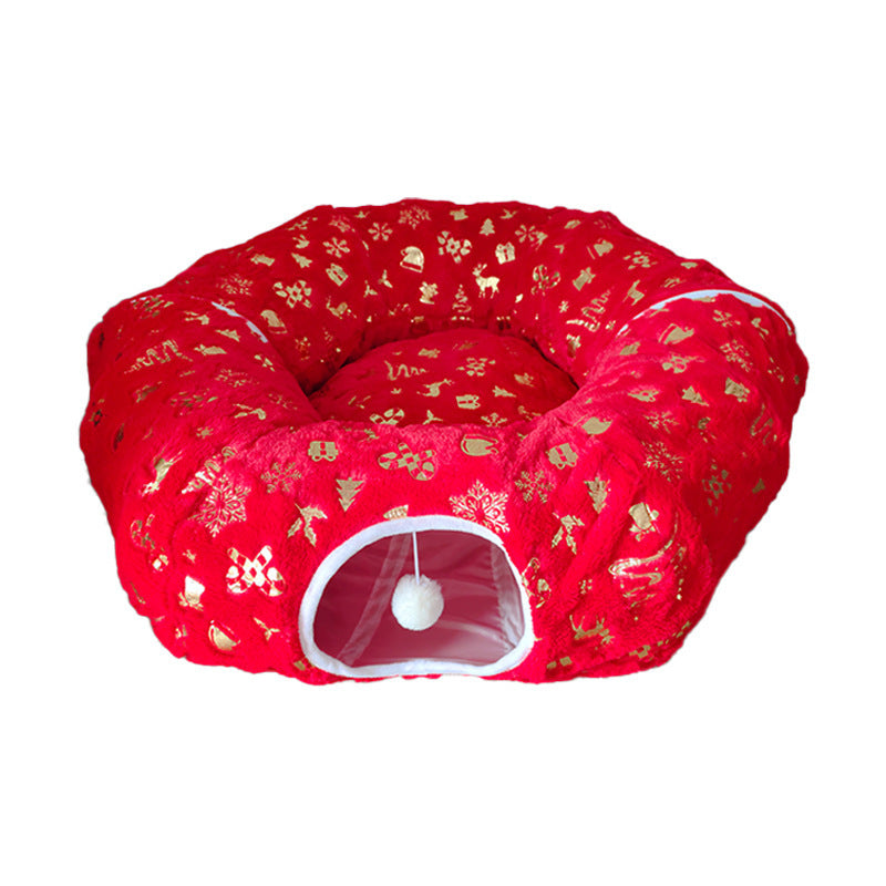 Christmas S-Shaped Cat Tunnel Bed, Warm Anti-Scratch Pet Cave Nest