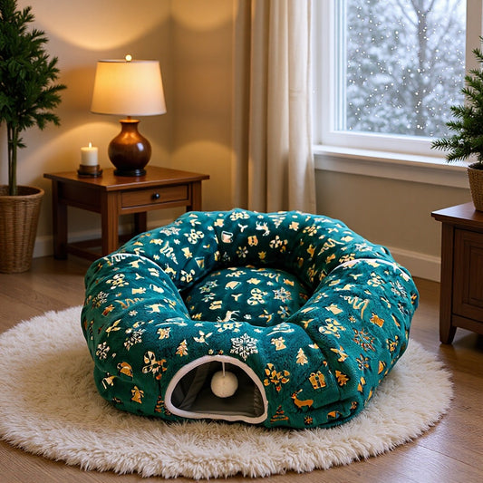 Christmas S-Shaped Cat Tunnel Bed, Warm Anti-Scratch Pet Cave Nest
