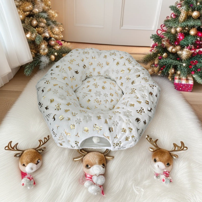 Christmas S-Shaped Cat Tunnel Bed, Warm Anti-Scratch Pet Cave Nest