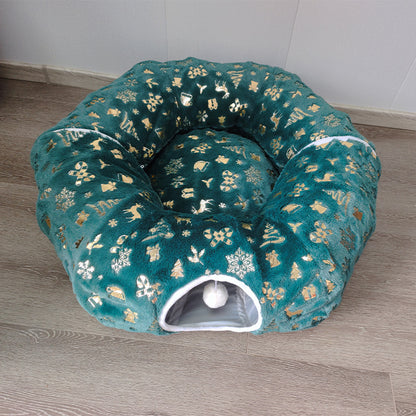 Christmas S-Shaped Cat Tunnel Bed, Warm Anti-Scratch Pet Cave Nest